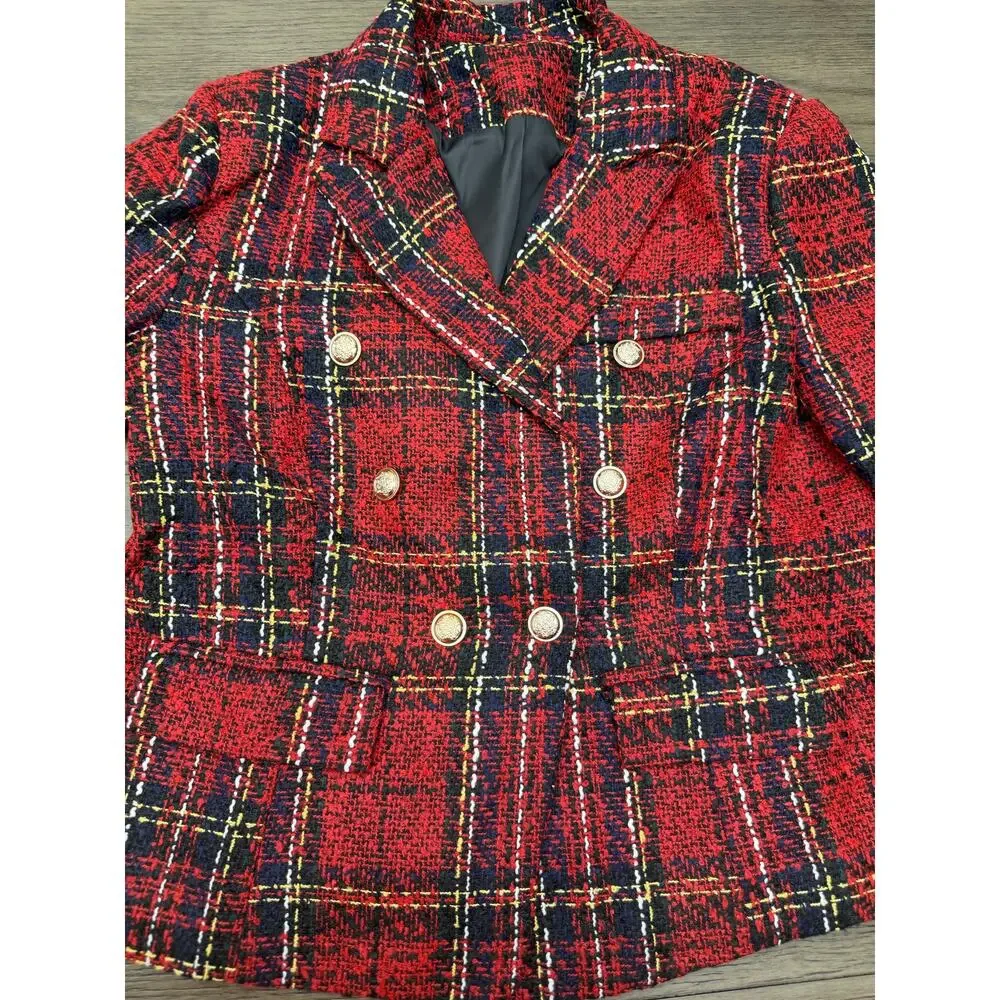 NWOT Red Plaid Tweed Blazer Gold Buttons Double Breasted Women XL - Picture 4 of 7